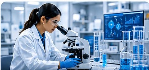 Researcher using a microscope in an academic laboratory