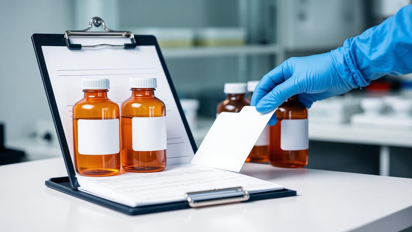 Reagent bottles being checked against batch documentation on a laboratory bench