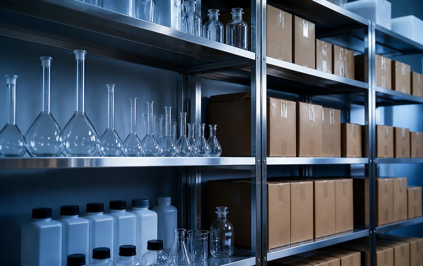Laboratory glassware and packed cartons arranged on stainless steel storage shelving