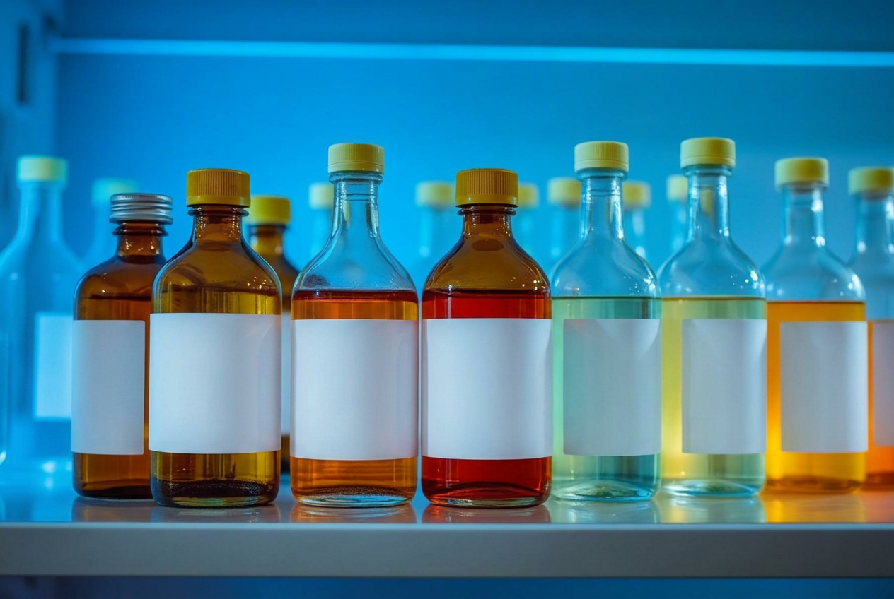 Row of laboratory solvent bottles with blank labels on a shelf