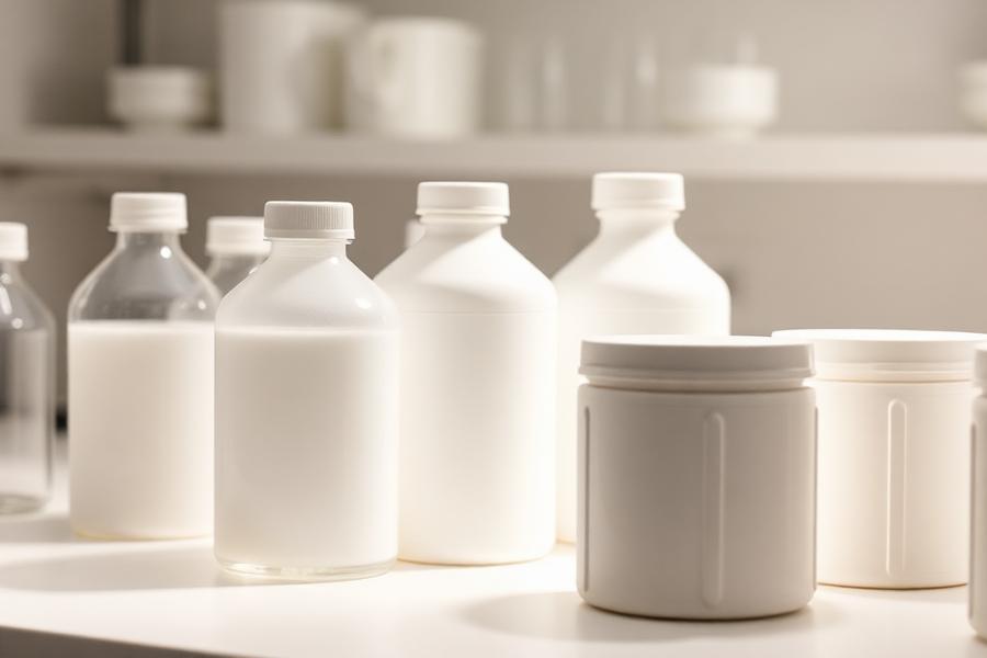 Plastic laboratory storage bottles and porcelain crucibles