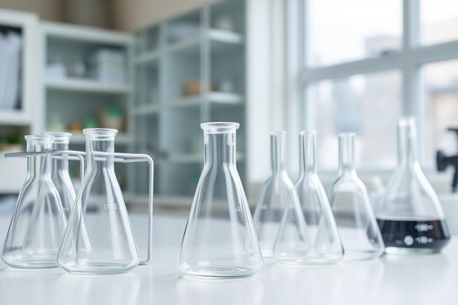 Borosilicate beakers and conical flasks on a laboratory bench