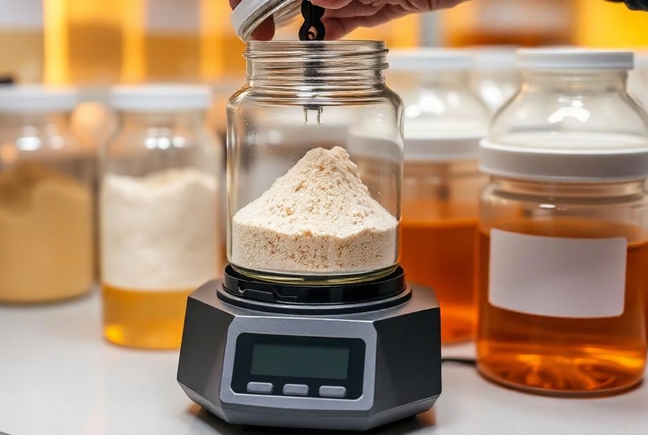 Dehydrated culture media powder being weighed in a microbiology laboratory