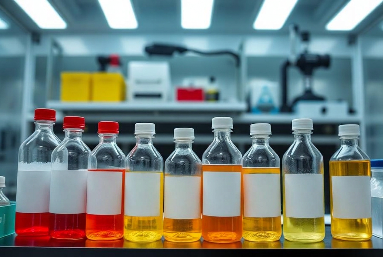 High purity acid bottles arranged inside a laboratory fume hood