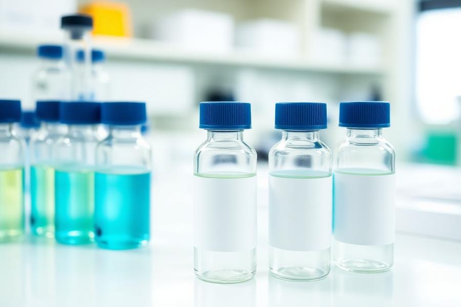 Sealed pharmacopeial reference standard vials in a laboratory