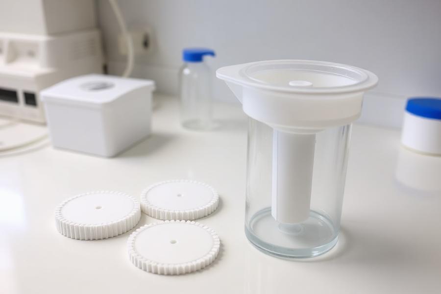 Filtration funnel with membrane filter discs on a laboratory bench