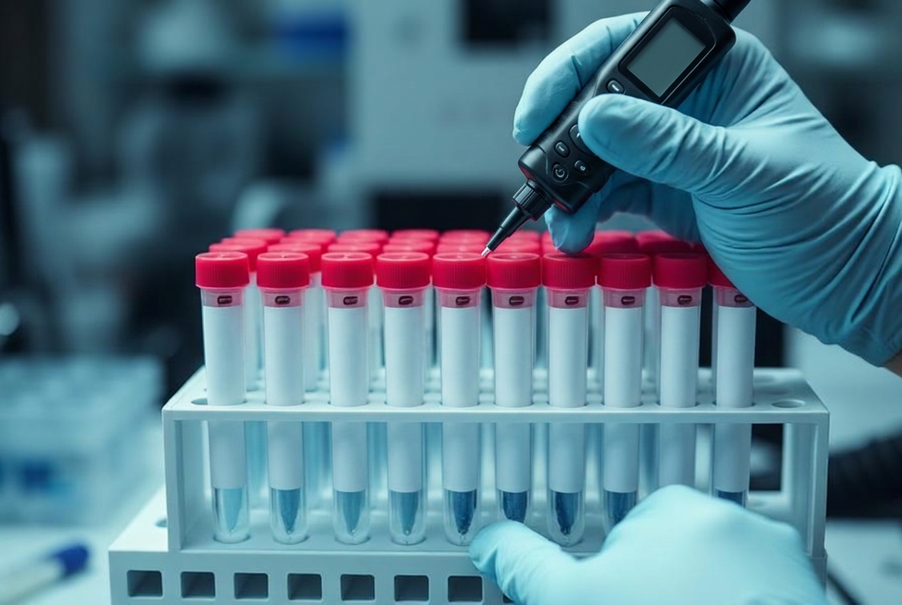 Gloved hands pipetting into a rack of PCR tubes