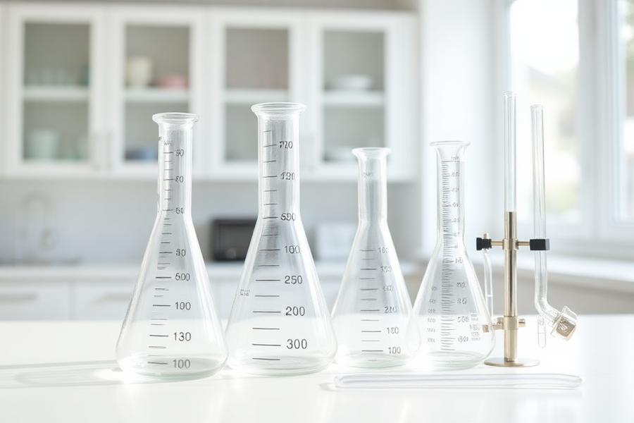 Volumetric flasks and a burette on a white laboratory bench