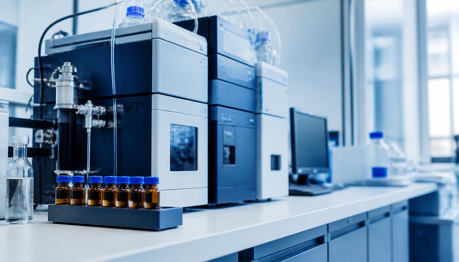 Analytical instrument with amber reference standard vials on a laboratory bench