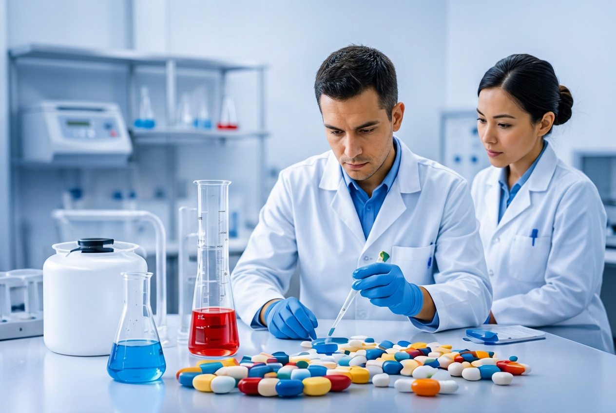 Scientists testing pharmaceutical tablets in a laboratory