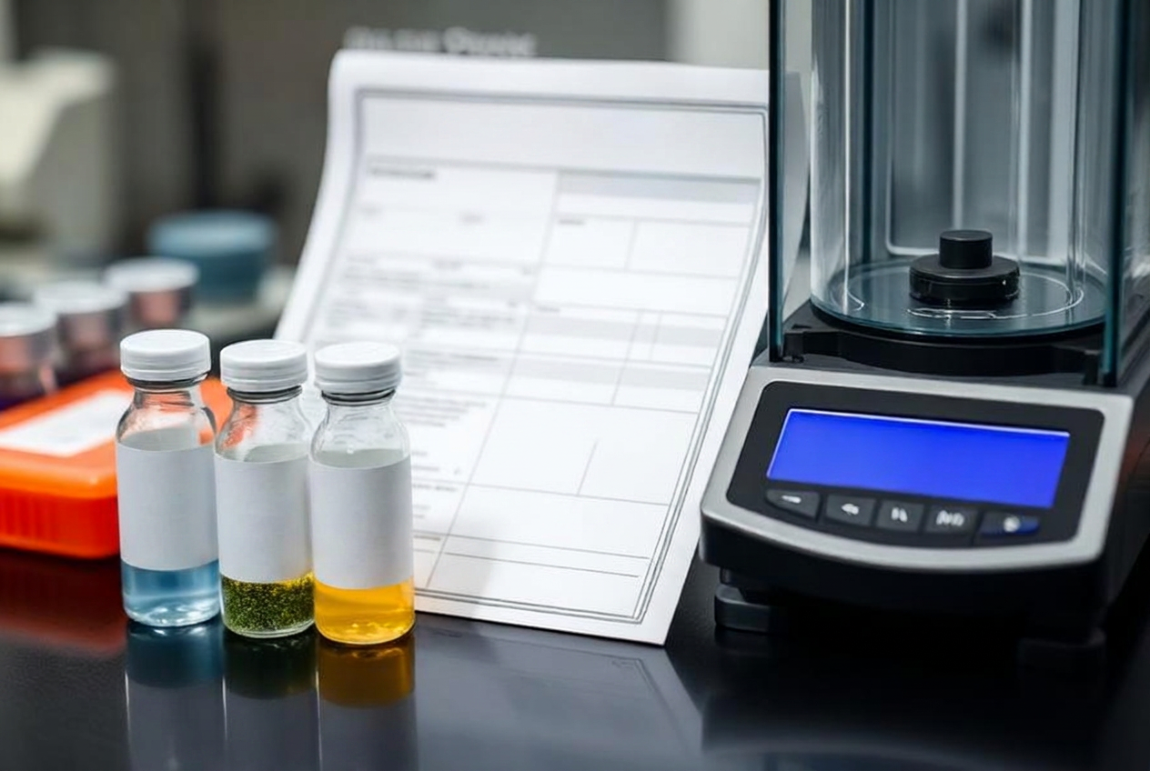 Certified reference material vials next to an analytical balance