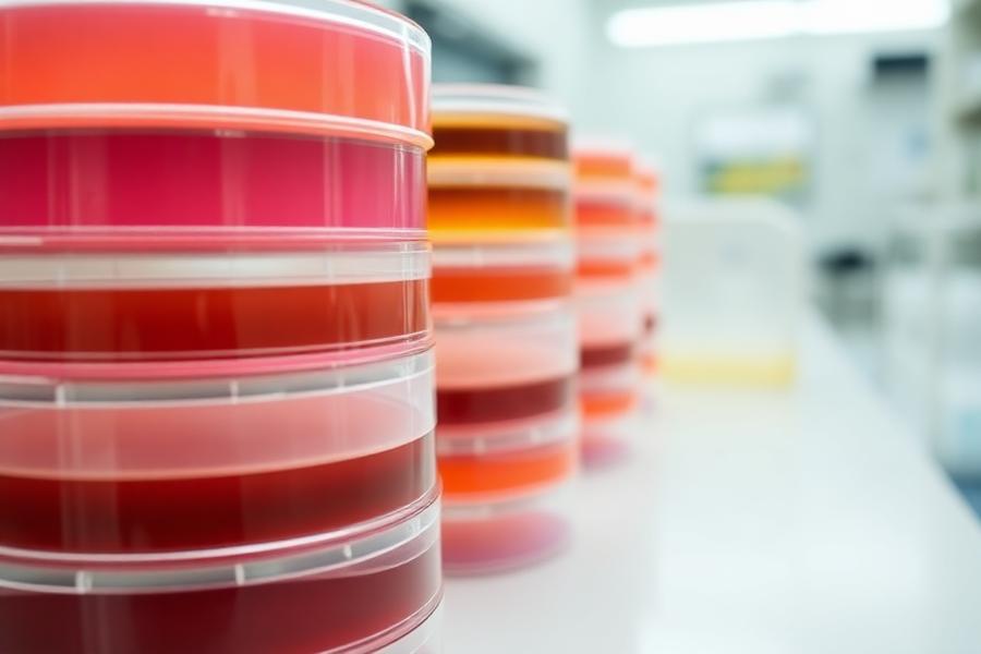 Stacks of prepared agar petri dishes in a microbiology laboratory