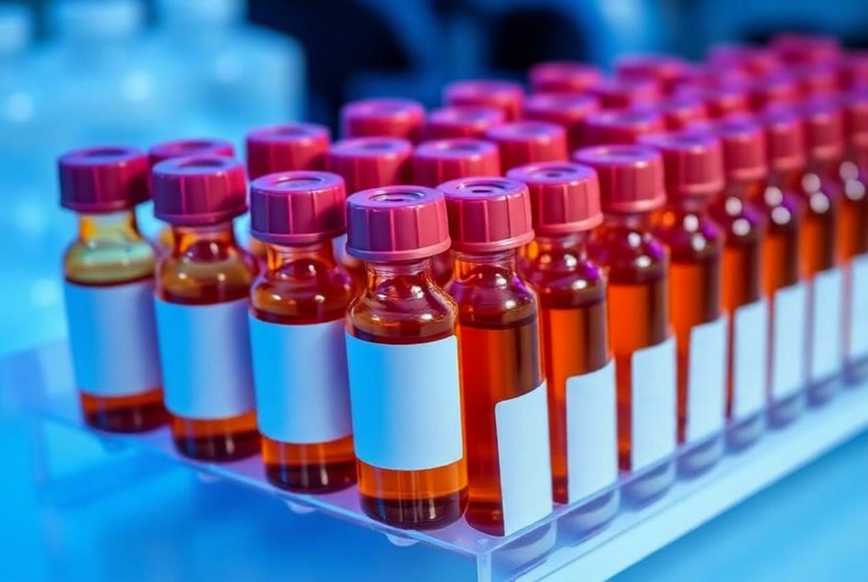 Rack of amber organic reference standard ampoules