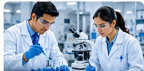 Two analysts working with test tubes in a contract laboratory