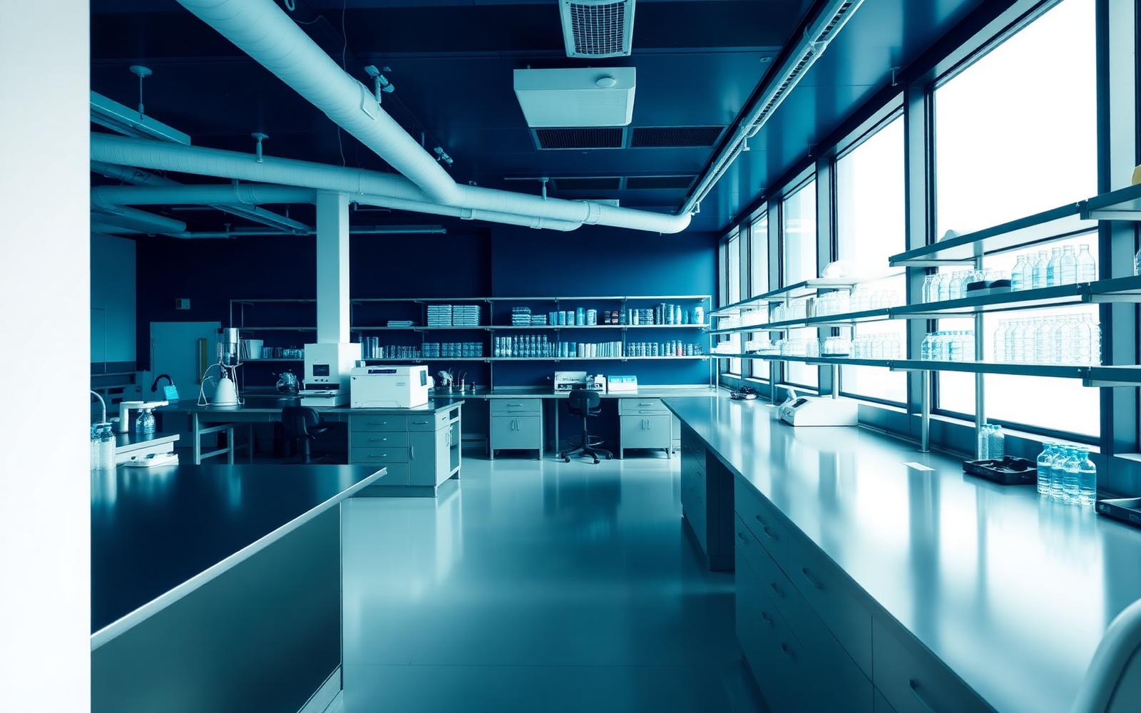 Modern analytical laboratory with instruments and glassware