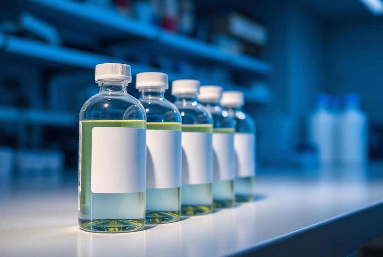 Inorganic standard solution bottles with blank labels on a laboratory bench
