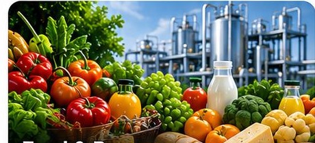 Fresh produce and dairy in front of a processing plant