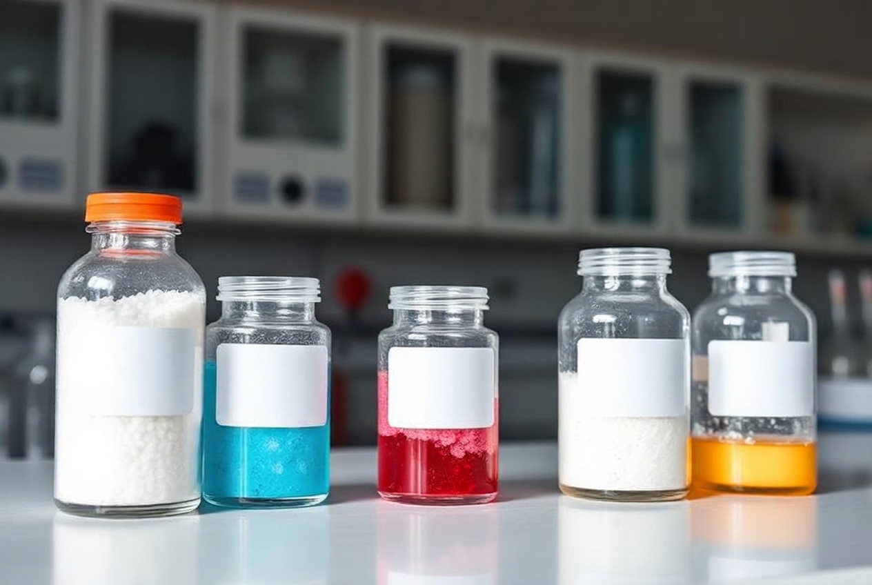 Laboratory reagent jars containing coloured salts and powders