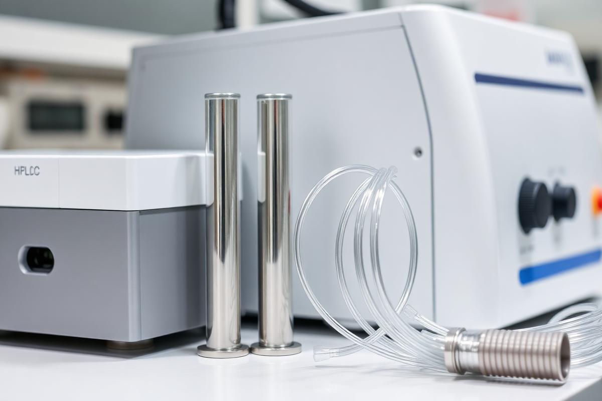 Stainless steel HPLC analytical columns beside a chromatography instrument