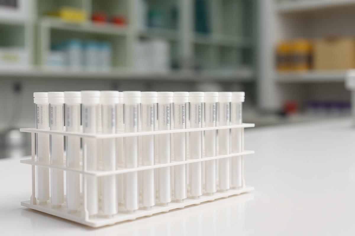White solid phase extraction cartridges standing in a laboratory rack