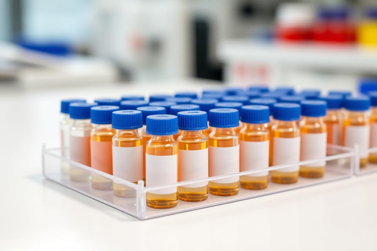 Tray of chromatography autosampler vials with blue screw caps